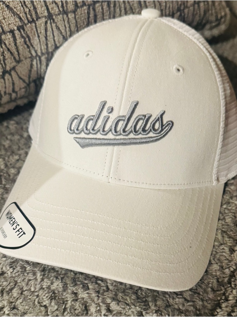 NWT adidas White Baseball Trucker Hat with Gray Script Logo